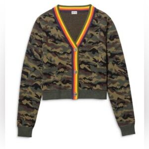 KULE Jane Olive Camo V-Neck Cardigan with Rainbow Trim